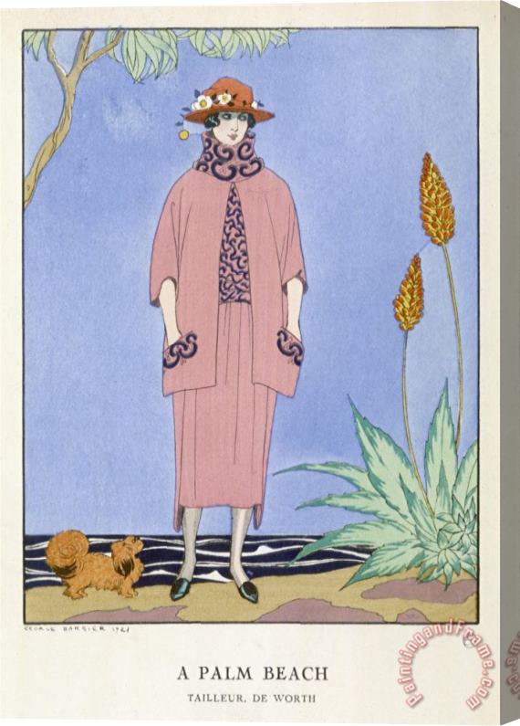 Georges Barbier Tailored Suit by Worth in Salmon Pink And Black Stretched Canvas Painting / Canvas Art