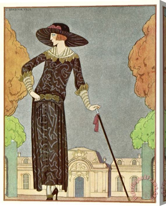 Georges Barbier Two Piece Barrel Line Dress by Beer with Button Front Deep Cuffs En Bouffants Vandyked Collar Stretched Canvas Painting / Canvas Art
