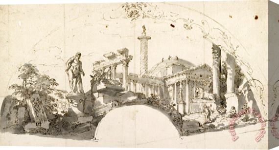 Giovanni Paolo Panini Design for a Fan Capriccio with Roman Ruins And The Farnese Hercules Stretched Canvas Print / Canvas Art