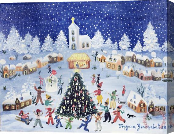 Gordana Delosevic Snowy Christmas In A Village Square Stretched Canvas Painting / Canvas Art