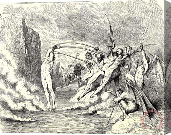 Gustave Dore The Inferno, Canto 21, Lines 5051 This Said, They Grappled Him with More Than Hundred Hooks Stretched Canvas Painting / Canvas Art