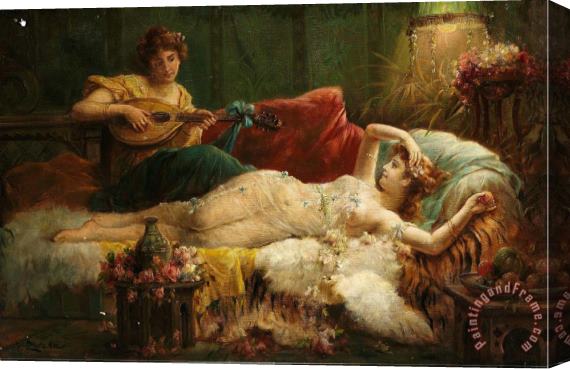 Hans Zatzka Interior with a Lightly Dressed Woman And a Lute Player Stretched Canvas Print / Canvas Art