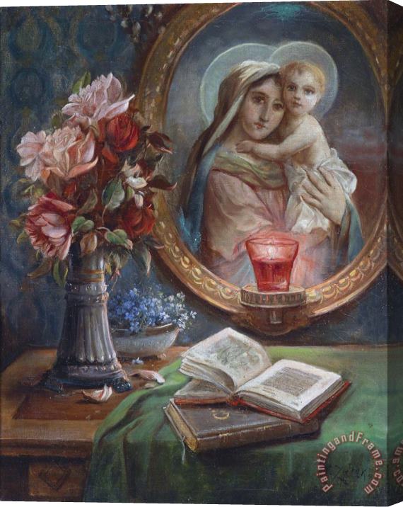 Hans Zatzka Still Life with Roses And Madonna Stretched Canvas Painting / Canvas Art