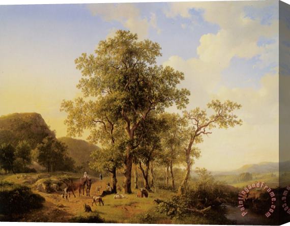 Hendrikus Van Den Sande Bakhuyzen A Treelined River Landscape with Figures And Cattle an a Path Stretched Canvas Painting / Canvas Art