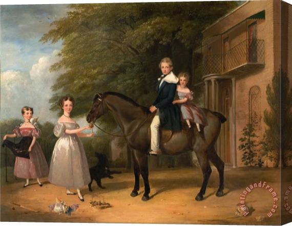 Henry Barraud Children with Horse And Dog Stretched Canvas Painting / Canvas Art