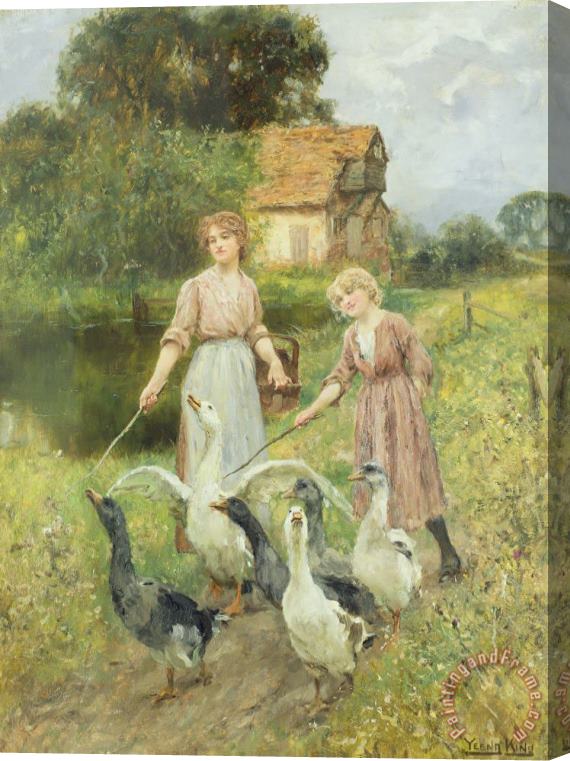 Henry John Yeend King  Girls Herding Geese Stretched Canvas Painting / Canvas Art