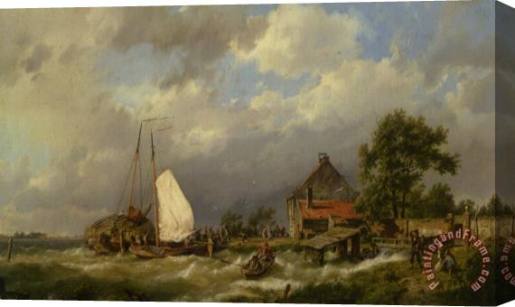 Hermanus Koekkoek Snr Boats Docking in an Estuary Stretched Canvas Print / Canvas Art