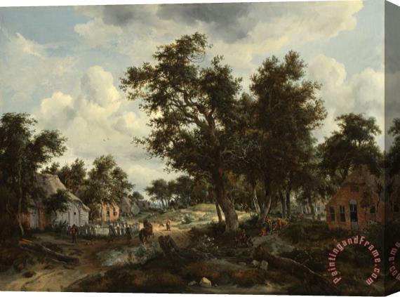 Hobbema, Meindert A Wooded Landscape with Travelers on a Path Through a Hamlet Stretched Canvas Painting / Canvas Art