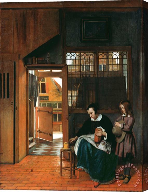 Hooch, Pieter De A Woman Preparing Bread And Butter for a Boy Stretched Canvas Painting / Canvas Art