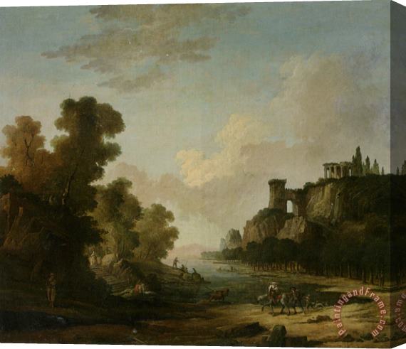 Hubert Robert Figures on The Banks of a Lake with Classical Ruins Stretched Canvas Painting / Canvas Art