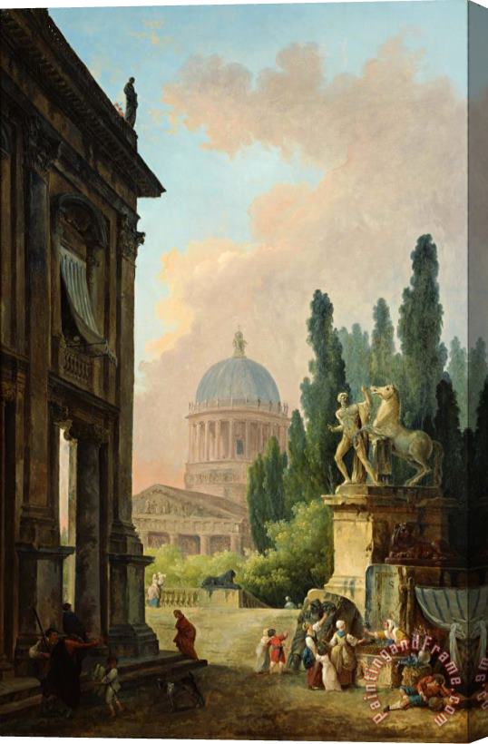 Hubert Robert Imaginary View of Rome with The Horse Tamer of The Monte Cavallo And a Church Stretched Canvas Painting / Canvas Art