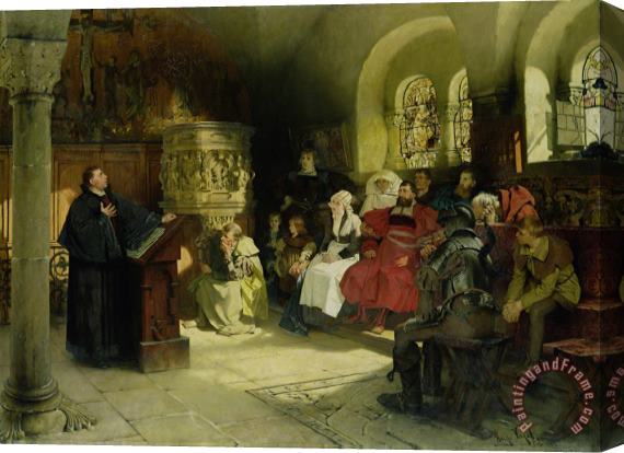 Hugo Vogel Luther Preaches using his Bible Translation while Imprisoned at Wartburg Stretched Canvas Print / Canvas Art