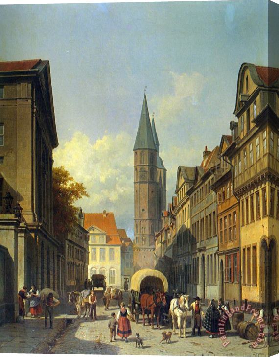 Jacques Carabain A Busy Street in a German Town Stretched Canvas Print / Canvas Art