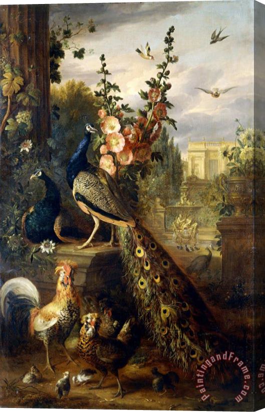 Jakob Bogdany Two Peacocks on a Stone Plinth in a Garden Stretched Canvas Painting / Canvas Art