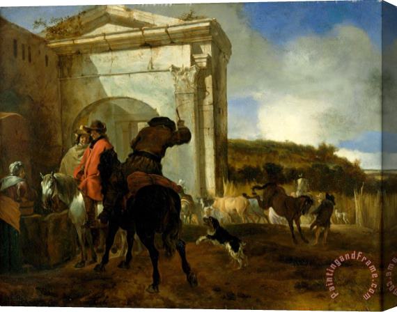Jan Baptist Weenix Italian Landscape with Horsemen by a Spring Stretched Canvas Painting / Canvas Art