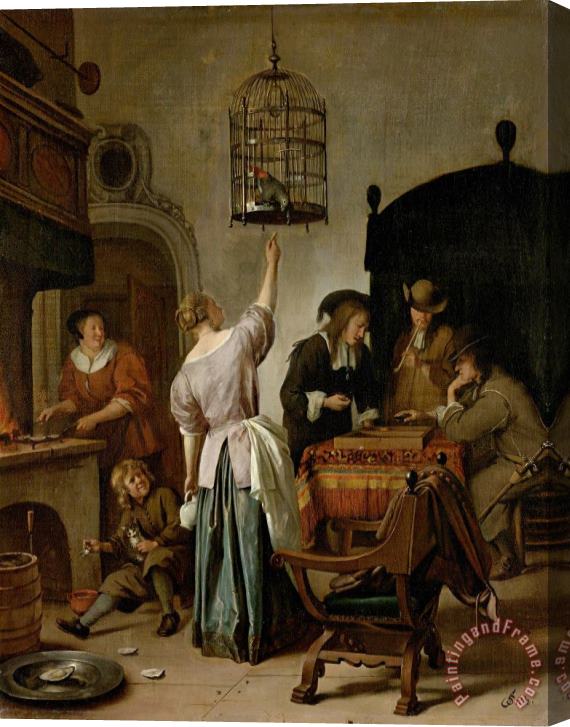 Jan Havicksz Steen Interior with a Woman Feeding a Parrot, Known As 'the Parrot Cage' Stretched Canvas Painting / Canvas Art