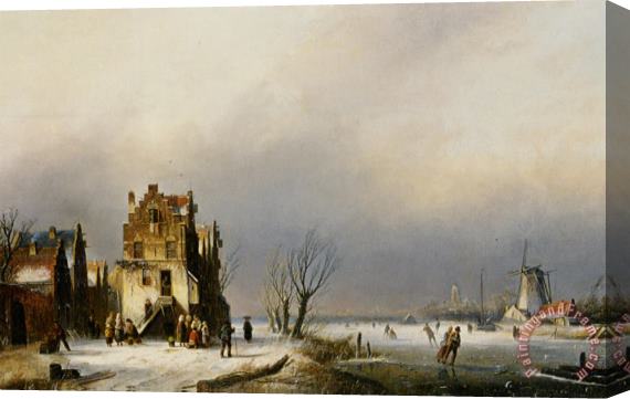 Jan Jacob Coenraad Spohler A Winter Landscape with Skaters Near a Village Stretched Canvas Painting / Canvas Art