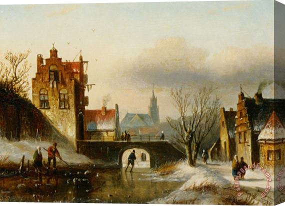 Jan Jacob Coenraad Spohler Figures on a Frozen Canal in a Dutch Town Stretched Canvas Print / Canvas Art