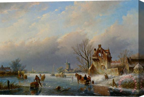 Jan Jacob Coenraad Spohler Figures on The Ice in a Winter Landscape Stretched Canvas Painting / Canvas Art