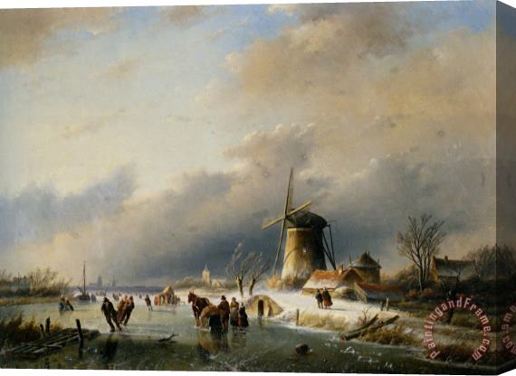 Jan Jacob Coenraad Spohler Figures Skating on a Frozen River Stretched Canvas Painting / Canvas Art