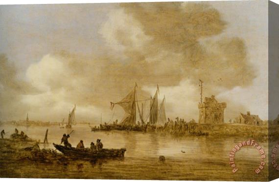 Jan Van Goyen A River Estuary with Dutch Shipping And a Lighthouse Stretched Canvas Print / Canvas Art