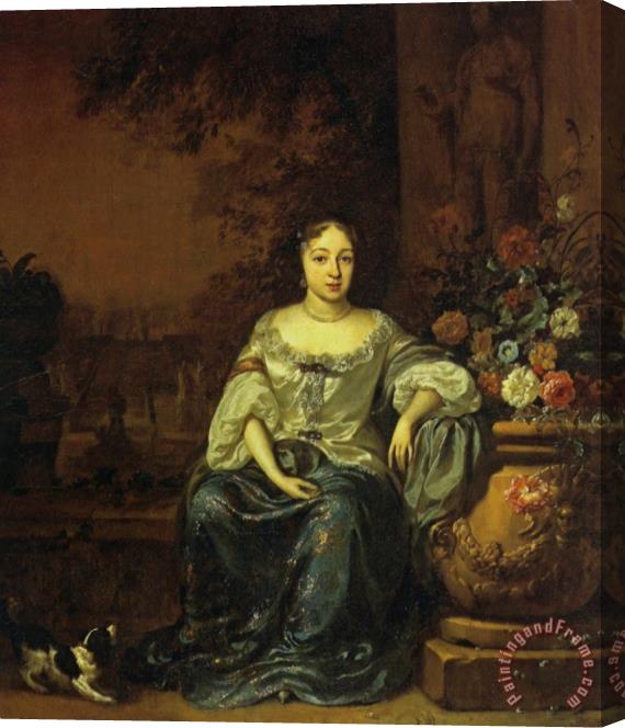 Jan Weenix Portrait of a Lady Seated in a Garden with Her Dog Stretched Canvas Print / Canvas Art