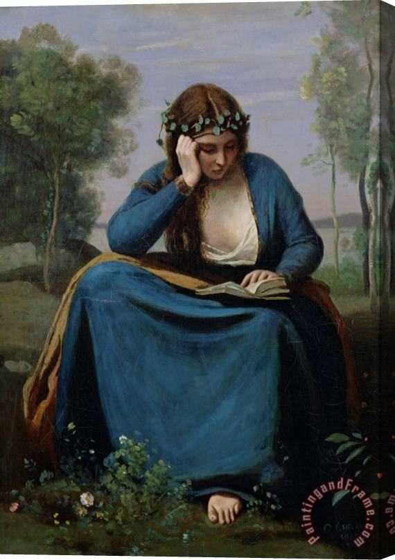 Jean Baptiste Camille Corot The Reader Crowned with Flowers Stretched Canvas Painting / Canvas Art