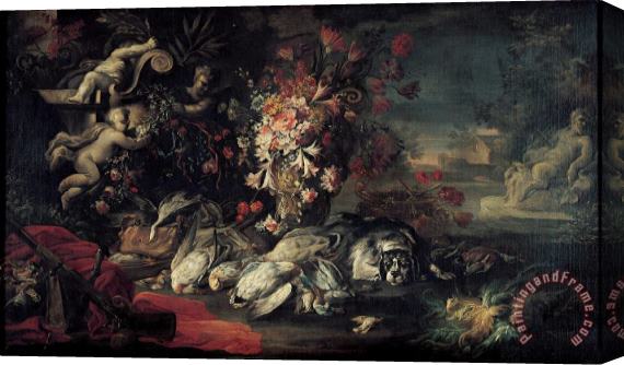 Jean Baptiste Oudry Death Nature with Shooting Gear And Flowers II Stretched Canvas Print / Canvas Art