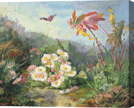 Jean Marie Reignier Wild Flowers And Butterfly Stretched Canvas Painting / Canvas Art