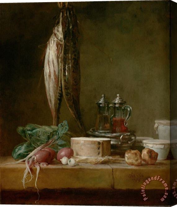 Jean-Simeon Chardin Still Life with Fish, Vegetables, Gougeres, Pots, And Cruets on a Table Stretched Canvas Painting / Canvas Art