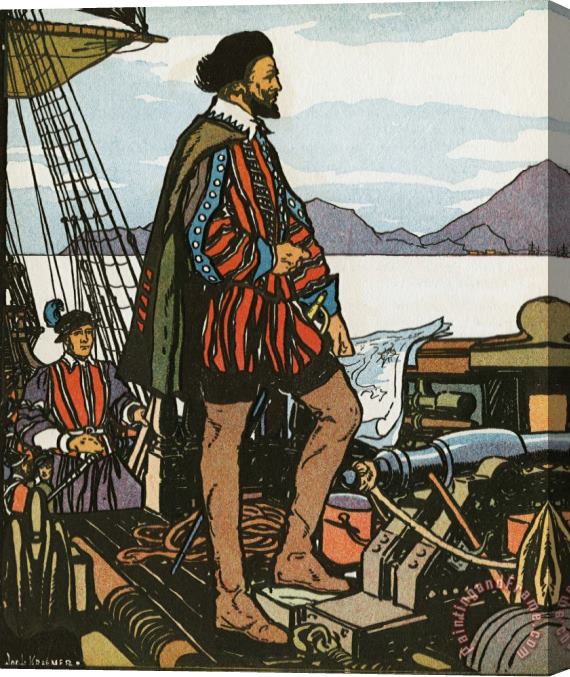 J.L. Kraemer British Elizabethan Explorer And Adventurer Sir Francis Drake Standing on Shop Looking at Shore Stretched Canvas Painting / Canvas Art