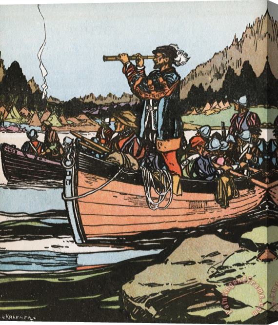 J.L. Kraemer French Explorer Jacques Cartier Sailing Down The St. Lawrence River Stretched Canvas Print / Canvas Art