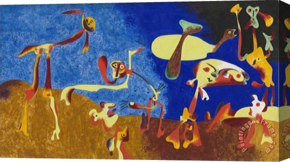 Joan Miro Figures And Birds in a Landscape Stretched Canvas Painting / Canvas Art