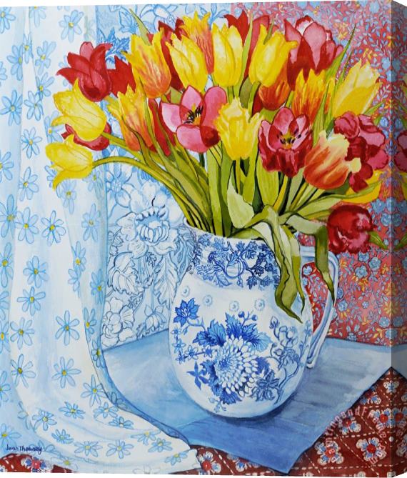 Joan Thewsey Red And Yellow Tulips In A Copeland Jug Stretched Canvas Print / Canvas Art