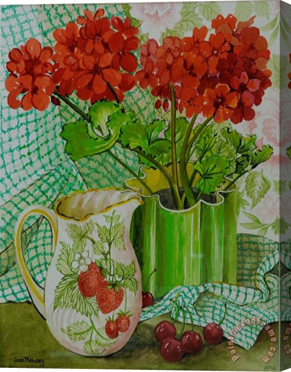 Joan Thewsey Red Geranium With The Strawberry Jug And Cherries Stretched Canvas Print / Canvas Art