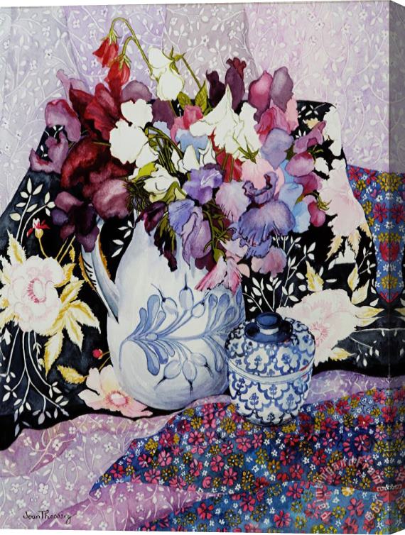 Joan Thewsey Sweet Peas In A Blue And White Jug With Blue And White Pot And Textiles Stretched Canvas Print / Canvas Art