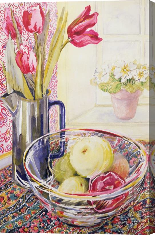 Joan Thewsey Tulips With Fruit In A Glass Bowl Stretched Canvas Painting / Canvas Art