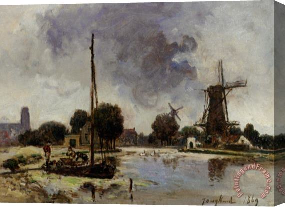 Johan Barthold Jongkind A Sailboat Moored on The Bank of a Stream Stretched Canvas Print / Canvas Art