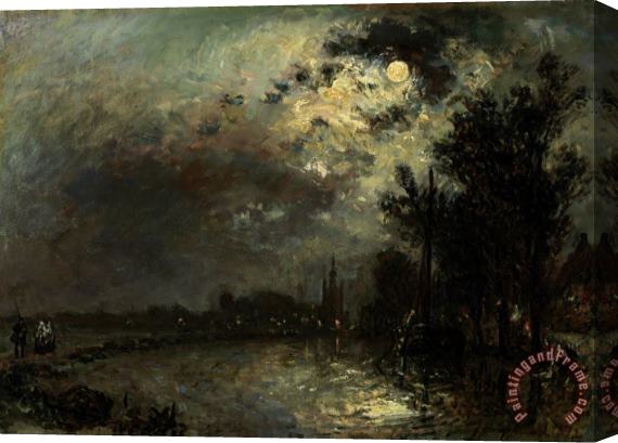 Johan Barthold Jongkind View on Overschie in Moonlight Stretched Canvas Painting / Canvas Art