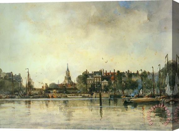 Johan Hendrik Van Mastenbroek A Townview with Moored Vessels Along a Quay Stretched Canvas Painting / Canvas Art