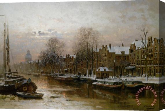 Johannes Christiaan Karel Klinkenberg Snow Covered Barges on The Singel Amsterdam Stretched Canvas Painting / Canvas Art