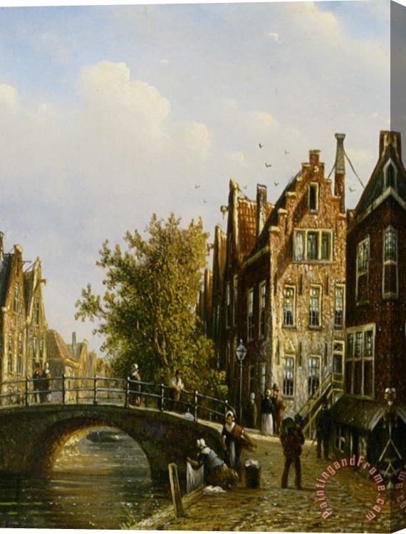 Johannes Franciscus Spohler A Dutch Town with Figures on a Canal Stretched Canvas Painting / Canvas Art