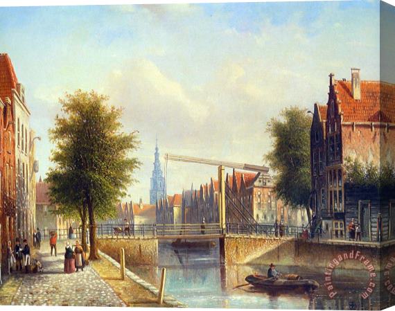 Johannes Franciscus Spohler View of a Town with Figures Strolling on a Quay Stretched Canvas Painting / Canvas Art