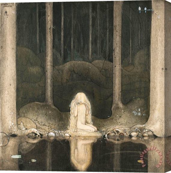 John Bauer Princess Tuvstarr Gazing Down Into The Dark Waters of The Forest Tarn. Stretched Canvas Painting / Canvas Art