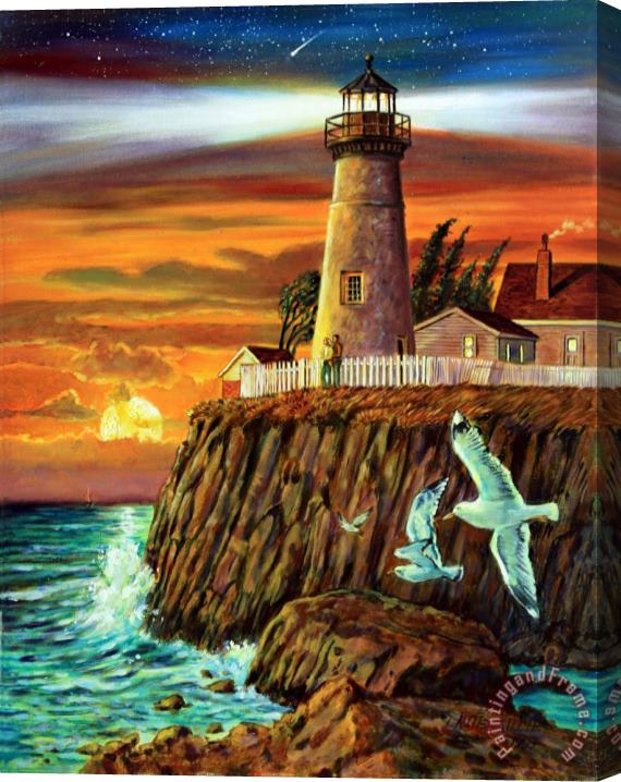 John Lautermilch Lighthouse Sunset Stretched Canvas Painting / Canvas Art