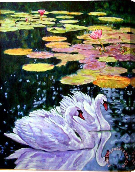 John Lautermilch Two Swans in the Lilies Stretched Canvas Painting / Canvas Art