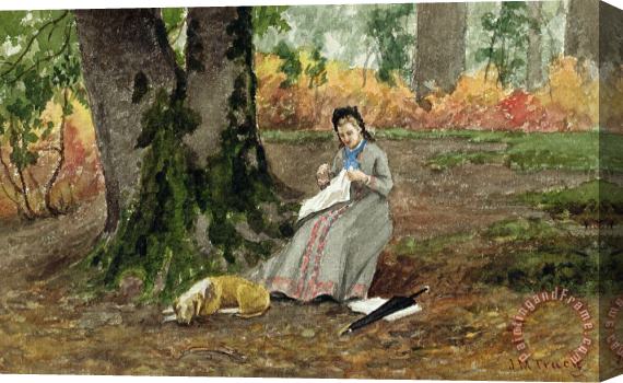 John M Tracy Woman Embroidering Under a Tree Stretched Canvas Painting / Canvas Art