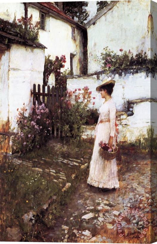 John William Waterhouse Gathering Summer Flowers in a Devonshire Garden Stretched Canvas Painting / Canvas Art