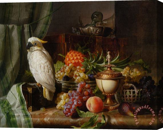 Josef Schuster A Cockatoo Grapes Figs Plums a Pineapple And a Peach Stretched Canvas Print / Canvas Art