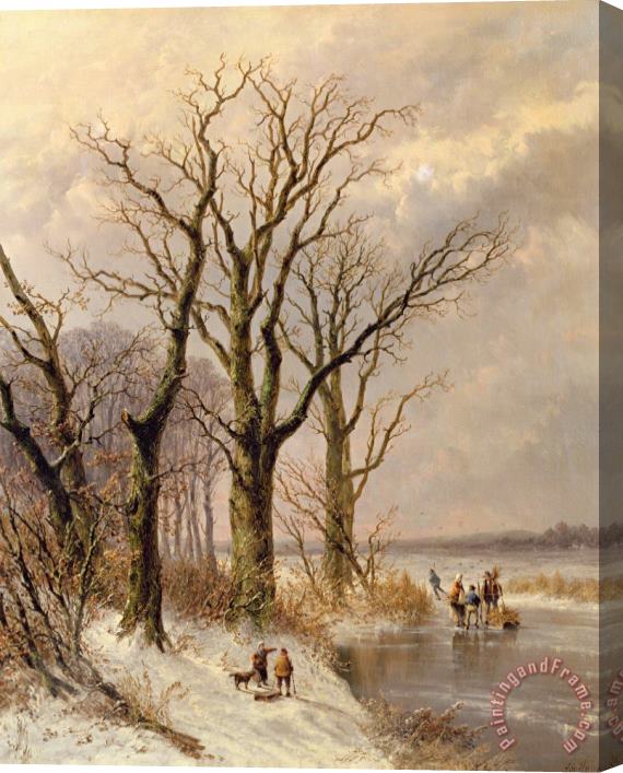 Josephus Gerardus Hans Winter landscape with faggot gatherers conversing on a frozen lake Stretched Canvas Print / Canvas Art